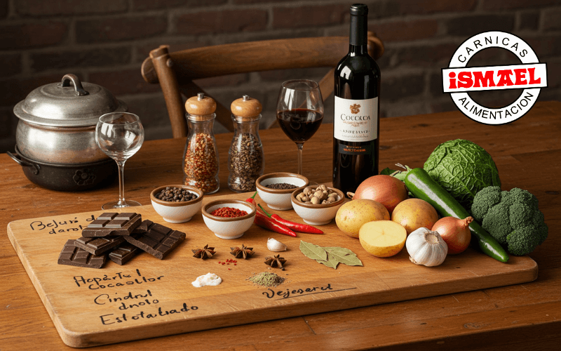 ingredientes estofado rabo toro chocolate especias vino tinto verduras sobre mesa madera