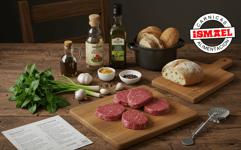 ingredientes medallones solomillo hierbas romero tomillo ajo sobre mesa madera