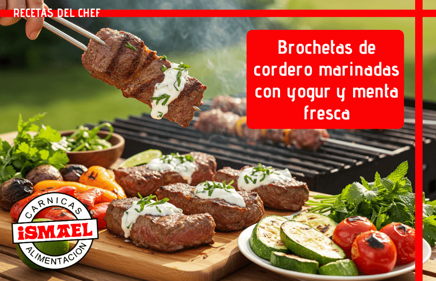 receta brochetas de cordero marinadas con yogur sobre parrilla con verduras coloridas
