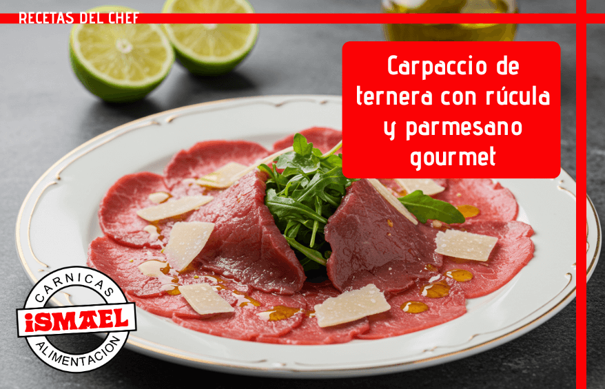 receta carpaccio de ternera crudo con rucula y parmesano en plato elegante blanco