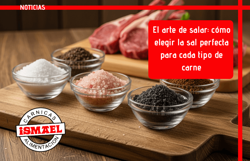 diferentes tipos de sal para carne sobre mesa de madera