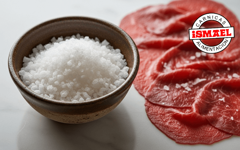 flor de sal blanca en cuenco artesanal con carpaccio