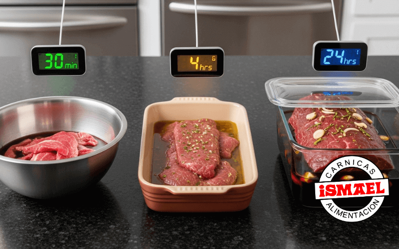 reloj y cortes de carne diferentes tiempos de marinado profesional