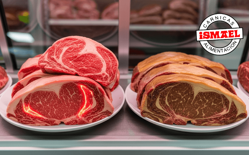 comparacion color carne fresca roja cereza brillante versus carne oxidada