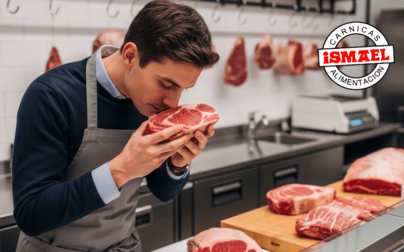 persona oliendo carne fresca evaluando calidad mediante olfato en carniceria