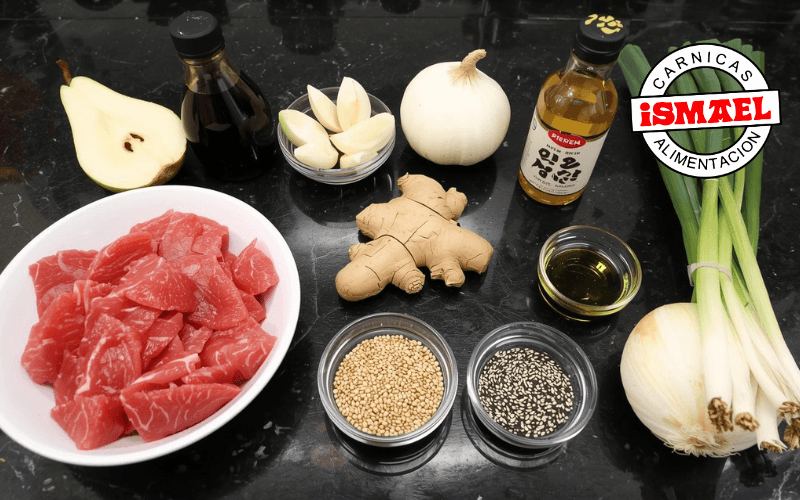 ingredientes bulgogi carne ternera pera asiatica salsa soja ajo jengibre sesamo