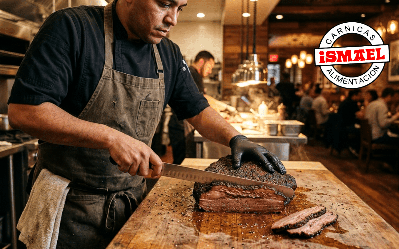 chef cortando brisket ahumado en lonchas para servicio de restaurante