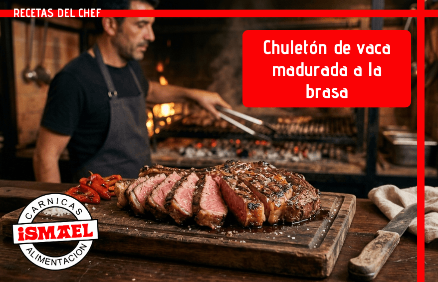 chuleton de vaca madurada a la brasa trinchado en tabla de asador