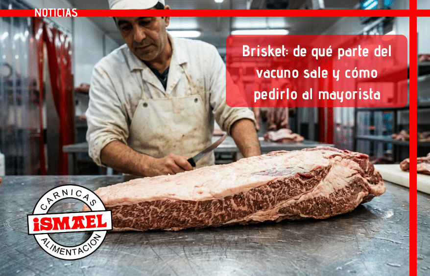 pieza entera de brisket o pecho de vacuno sobre mesa de despiece profesional